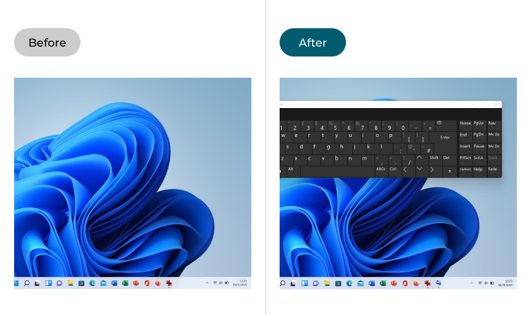 Windows 11 before and after the on-screen keyboard is launched